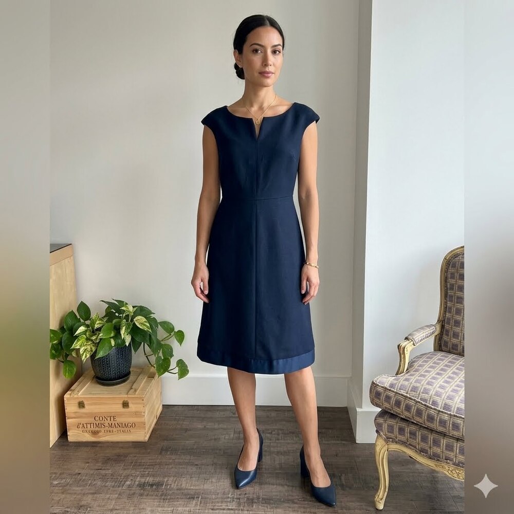 Tory Burch Navy Wool Blend Cap Sleeve Midi Sheath Dress Scoop Neck Size 4